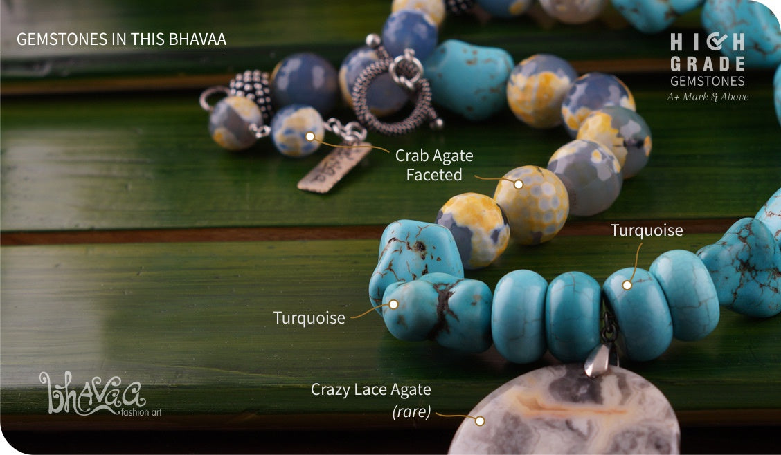 bhavaa Premium Gemstone Jewelry- Necklace. Serene Indulgence Collection, Mark-1 | Gemstones: Grey Crazy Lace Agate, Grey Crab Agate Faceted, Blue Turquoise