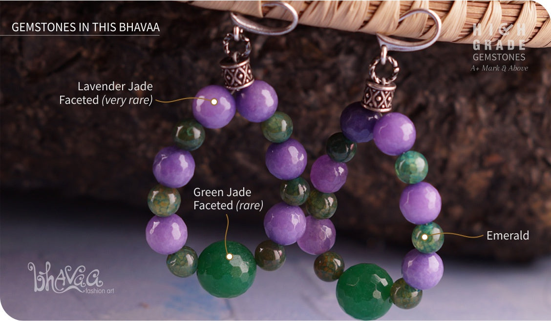 bhavaa Premium Gemstone Jewelry- Earrings. Soothing Vibrancy Collection, Mark-1 | Gemstones: Green Jade Faceted, Lavender Jade Faceted, Emerald