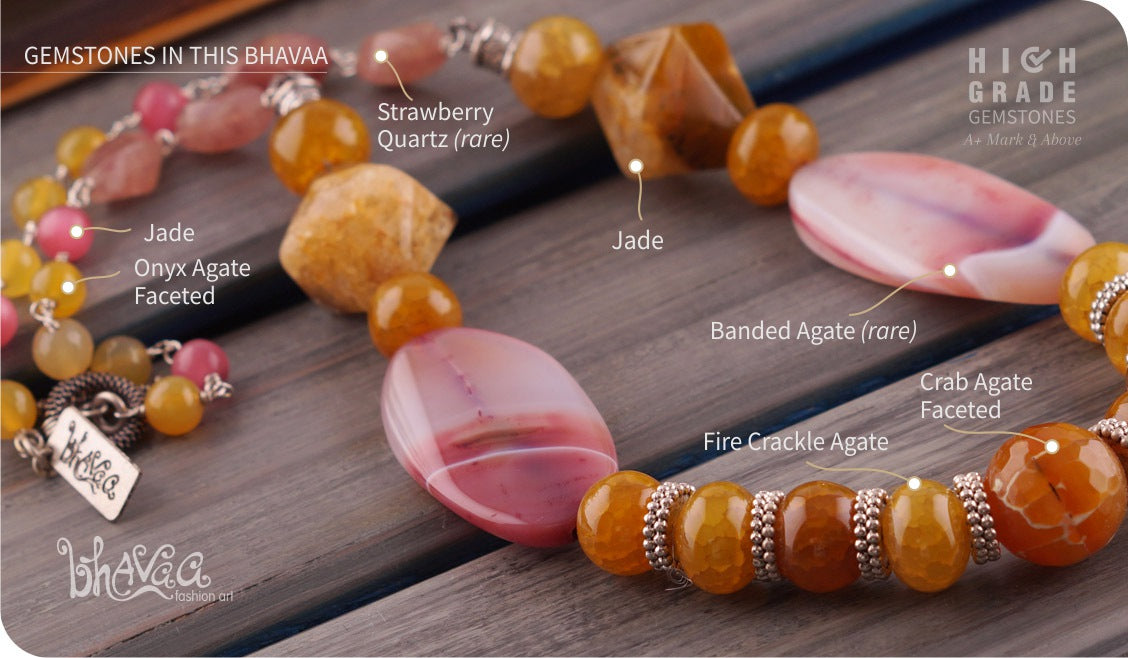 bhavaa Premium Gemstone Jewelry- Necklace. Vivacious Charm Collection, Mark-1 | Gemstones: Pink Strawberry Quartz, Pink Banded Agate, Yellow Fire Crackle Agate, Yellow Crab Agate Faceted, Yellow Onyx Agate Faceted, Yellow Agate, Pink Jade