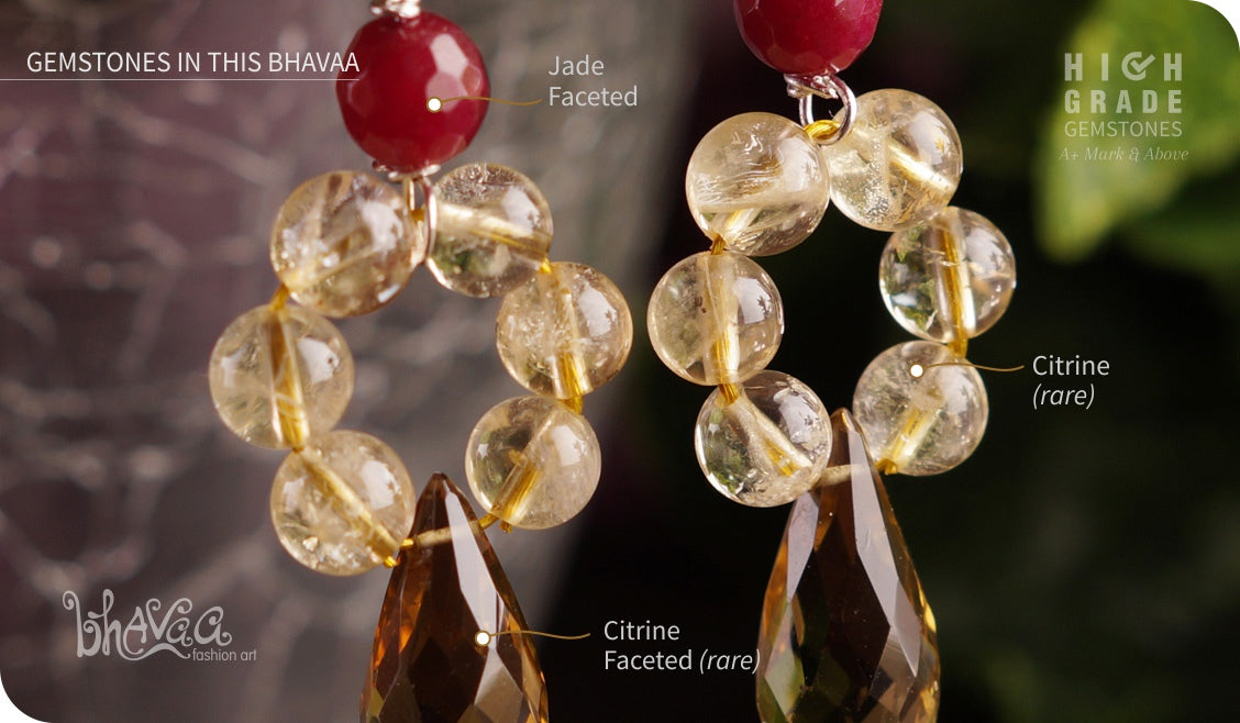 bhavaa Premium Gemstone Jewelry- Earrings. Vivacious Charm Collection, Mark-1 | Gemstones: Pink Jade Faceted, Citrine Faceted