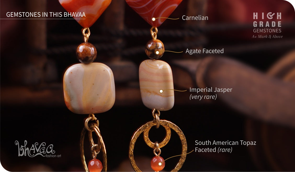 bhavaa Premium Gemstone Jewelry- Earrings. Rustic Elegance Collection, Mark-2 | Gemstones: Orange Agate, Brown Imperial Jasper, Orange South American Topaz Faceted, Brown Agate Faceted