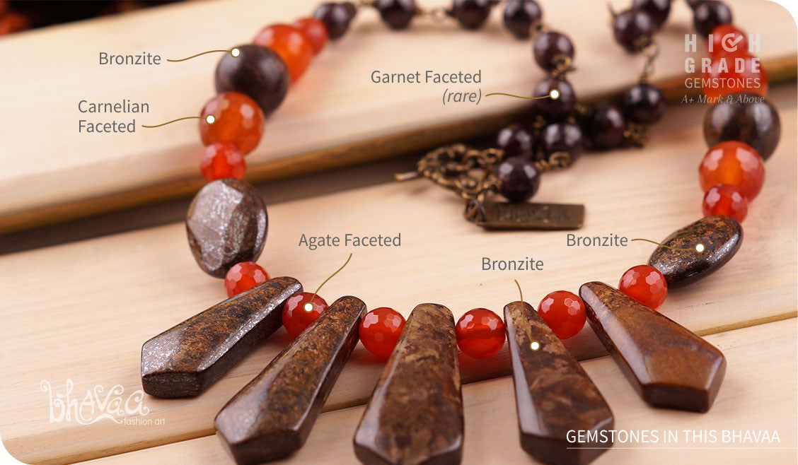 bhavaa Premium Gemstone Jewelry- Necklace. Rustic Elegance Collection, Mark-1 | Gemstones: Brown Bronzite, Bronzite, Garnet, Carnelian 