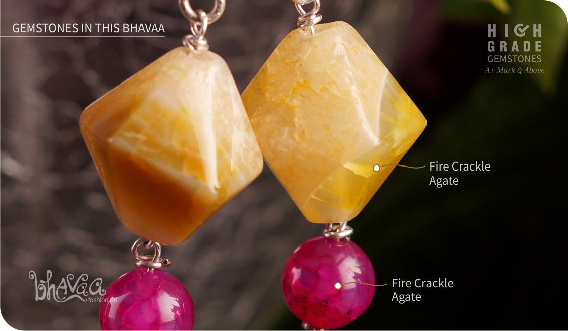 bhavaa Premium Gemstone Jewelry- Earrings. Vivacious Charm Collection, Mark-2 | Gemstones: Pink Fire Crackle Agate, Yellow Fire Crackle Agate