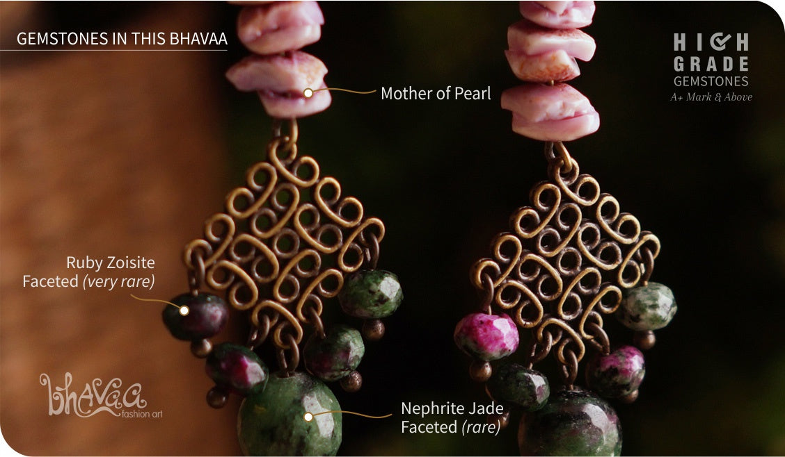 bhavaa Premium Gemstone Jewelry- Earrings. Soothing Vibrancy Collection, Mark-1 | Gemstones: Green Nephrite Jade Faceted, Purple Mother of Pearl, Ruby Zoisite Faceted