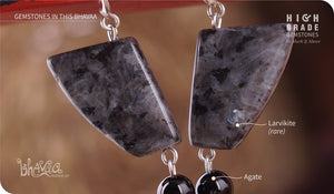 bhavaa Premium Gemstone Jewelry- Earrings. Innate Poise Collection, Mark-1 | Gemstones: Black Onyx Agate, Larvikite