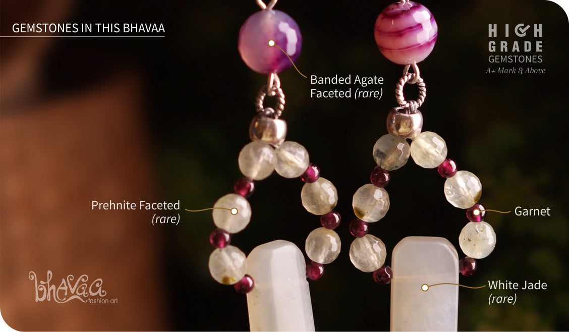 bhavaa Premium Gemstone Jewelry- Earrings. Soothing Vibrancy Collection, Mark-1 | Gemstones: Prehnite Faceted, White Jade, Purple Banded Agate Faceted, Purple Garnet