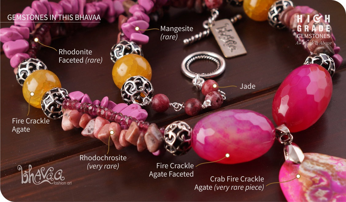 bhavaa Premium Gemstone Jewelry- Necklace. Vivacious Charm Collection, Mark-1 | Gemstones: Pink Crab Fire Crackle Agate, Pink Fire Crackle Agate Faceted, Pink Rhodochrosite, Pink Rhodonite Faceted, Yellow Fire Crackle Agate, Pink Mangesite, Jade