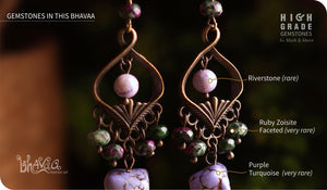 bhavaa Premium Gemstone Jewelry- Earrings. Soothing Vibrancy Collection, Mark-1 | Gemstones: Purple Turquoise, Ruby Zoisite Faceted, Purple Riverstone 