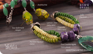 bhavaa Premium Gemstone Jewelry- Necklace. Soothing Vibrancy Collection, Mark-1 | Gemstones: Green Fire Crackle Agate, Green Aventurine, Peridot, Jade Faceted, Sea Sediment Jasper, Lemon Jade, Purple Charoite