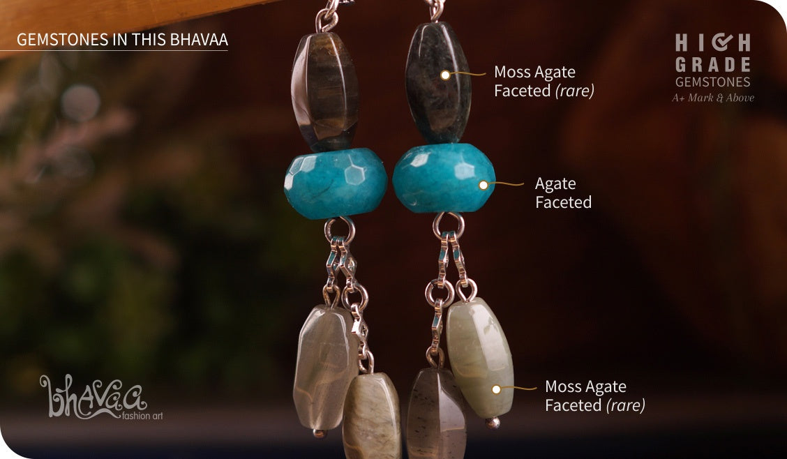 bhavaa Premium Gemstone Jewelry- Earrings. Serene Indulgence Collection, Mark-1 | Gemstones: Blue Agate Faceted, Grey Moss Agate Faceted