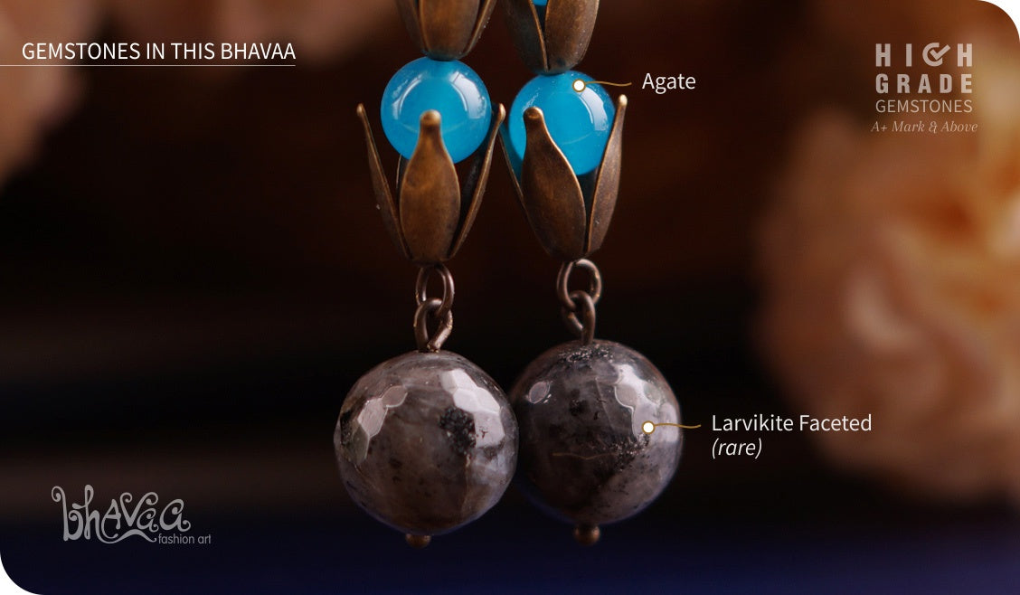 bhavaa Premium Gemstone Jewelry- Earrings. Serene Indulgence Collection, Mark-2 | Gemstones: Larvikite, Blue Agate