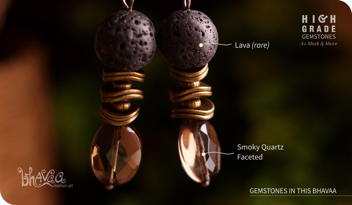 bhavaa Premium Gemstone Jewelry- Earrings. Innate Poise Collection, Mark-1 | Gemstones: Lava, Smoky Quartz Faceted