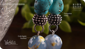 bhavaa Premium Gemstone Jewelry- Earrings. Serene Indulgence Collection, Mark-2 | Gemstones: Blue Turquoise, Grey Crab Agate Faceted 