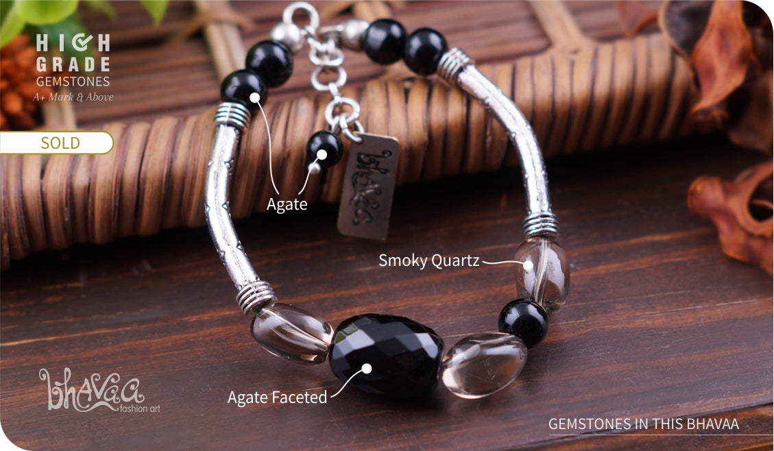 bhavaa Premium Gemstone Jewelry- Bracelet. Innate Poise Collection, Mark-1 | Gemstones: Black Agate Faceted, Grey Smoky Quartz, Black Agate, Onyx Agate