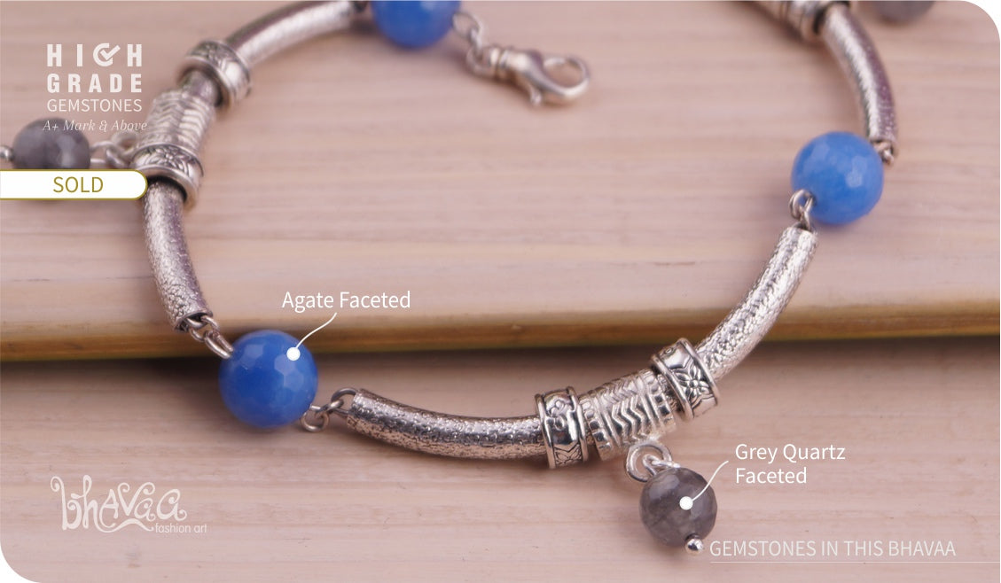 bhavaa Premium Gemstone Jewelry- Anklet. Serene Indulgence Collection, Mark-1 | Gemstones: Blue Agate, Grey Quartz 