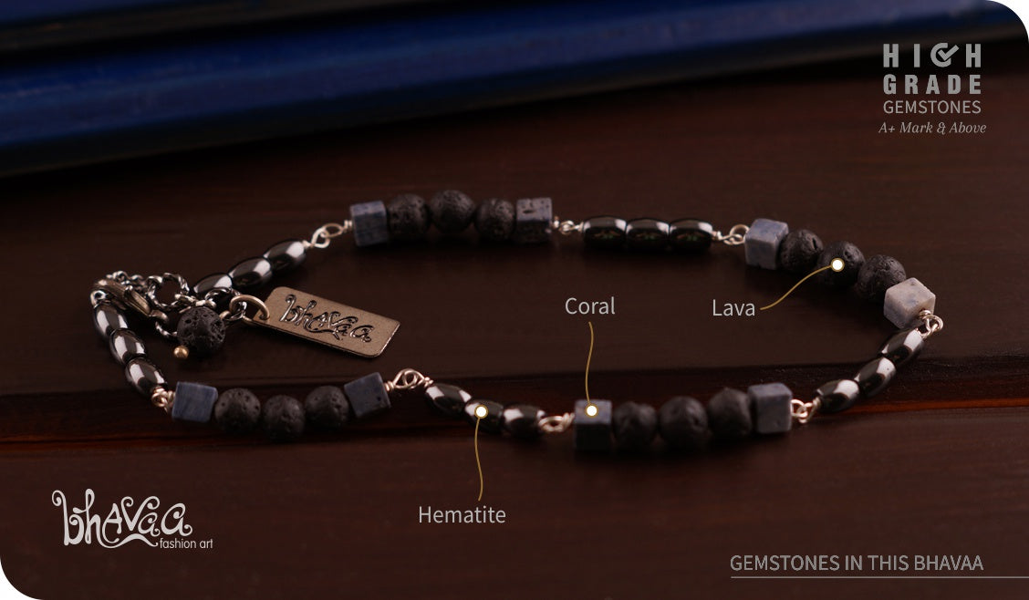 bhavaa Premium Gemstone Jewelry- Anklet. Innate Poise Collection, Mark-2 | Gemstones: Black Lava, Grey Coral, Hematite