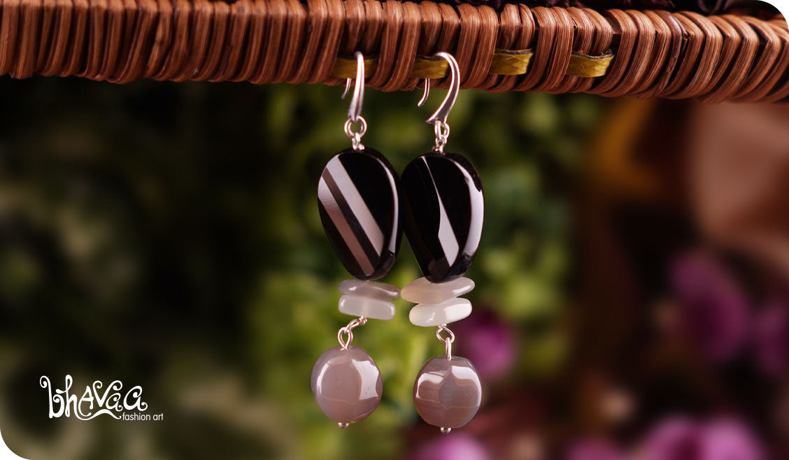 bhavaa Premium Gemstone Jewelry- Earrings. Innate Poise Collection, Mark-1 | Gemstones: Moonstone, Grey Agate, Onyx Faceted