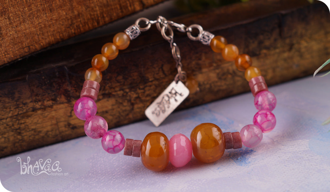 bhavaa Premium Gemstone Jewelry- Bracelet. Vivacious Charm Collection, Mark-2 | Gemstones: Pink Agate Faceted, Pink Dragon Veins Agate, Yellow Dragon Veins Agate,  Pink Rhodonite 