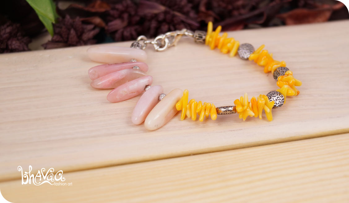 bhavaa Premium Gemstone Jewelry- Bracelet. Vivacious Charm Collection, Mark-2 | Gemstones: Yellow Sea Coral, Pink Opal