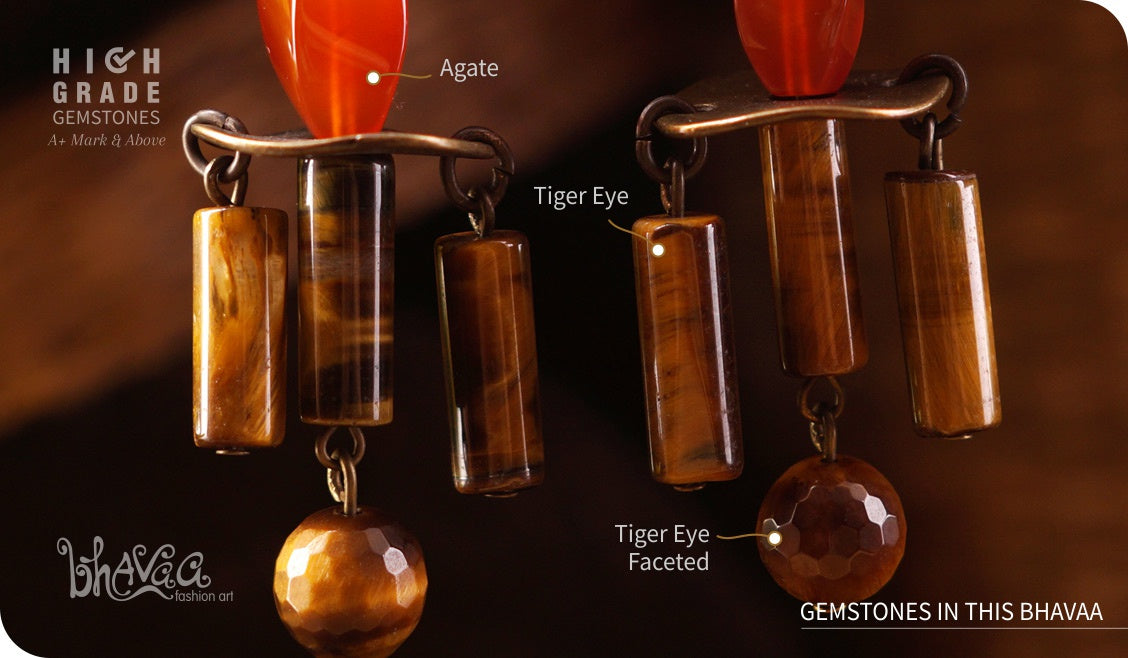 bhavaa Premium Gemstone Jewelry- Earrings. Rustic Elegance Collection, Mark-2 | Gemstones: Tiger Eye, Tiger Eye Faceted, Orange Agate