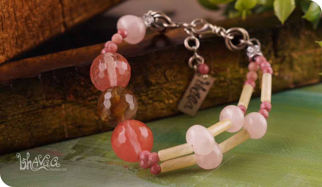 bhavaa Premium Gemstone Jewelry- Bracelet. Vivacious Charm Collection, Mark-1 | Gemstones: Pink Rose Quartz, Pink Cherry Quartz Faceted, Pink Rhodonite, Yellow Jade