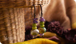 Load image into Gallery viewer, bhavaa Premium Gemstone Jewelry- Earrings. Soothing Vibrancy Collection, Mark-2 | Gemstones: Peridot Faceted, Green Agate Faceted, Amethyst 
