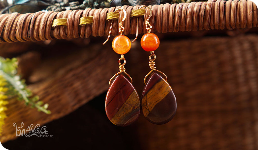 bhavaa Premium Gemstone Jewelry- Earrings. Rustic Elegance Collection, Mark-2 | Gemstones: Mookaite Tiger Eye, Orange Fire Crackle Agate