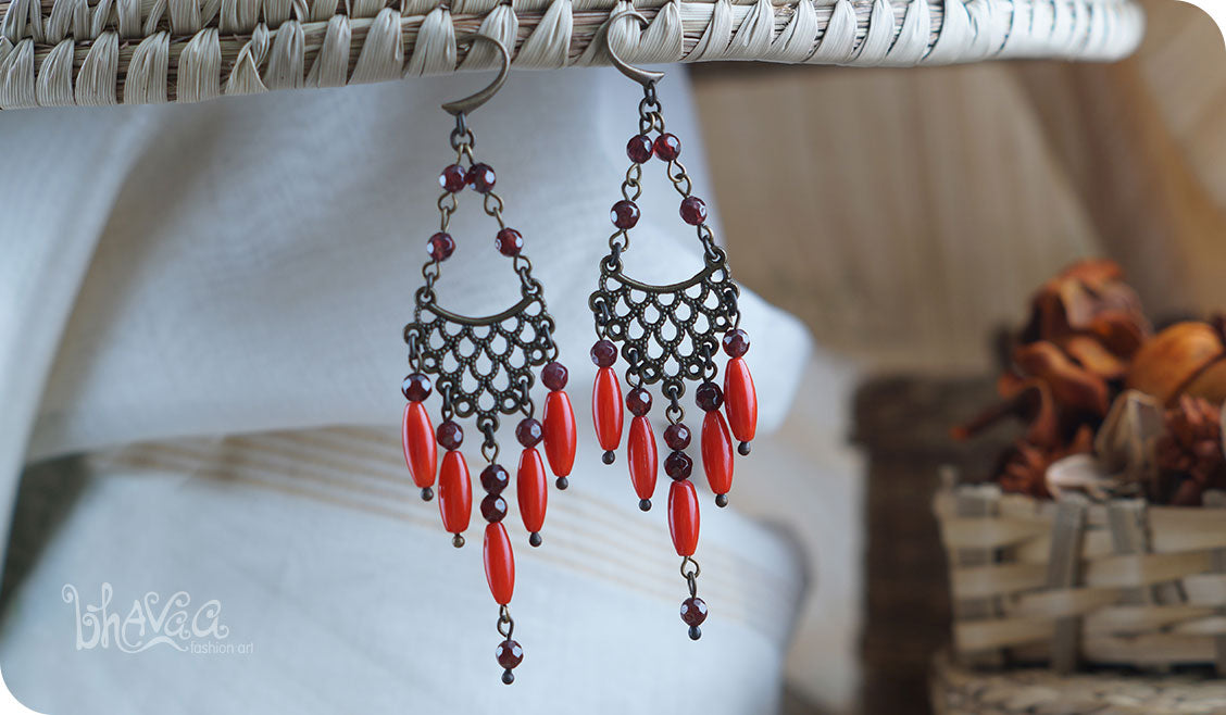 bhavaa Premium Gemstone Jewelry- Earrings. Coy Radiance Collection, Mark-1 | Gemstones: Red Coral, Garnet Faceted