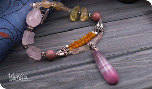 bhavaa Premium Gemstone Jewelry- Necklace. Vivacious Charm Collection, Mark-1 | Gemstones: Pink Banded Agate, Lemon Quartz, Yellow Rutilated Quartz, Rose Quartz, Pink Rhodonite, Pink Kunzite, Yellow Jade