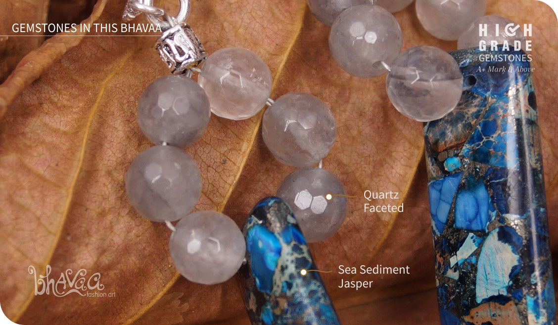 bhavaa Premium Gemstone Jewelry- Earrings. Serene Indulgence Collection, Mark-1 | Gemstones: Grey Quartz Faceted, Blue Sea Sediment Jasper