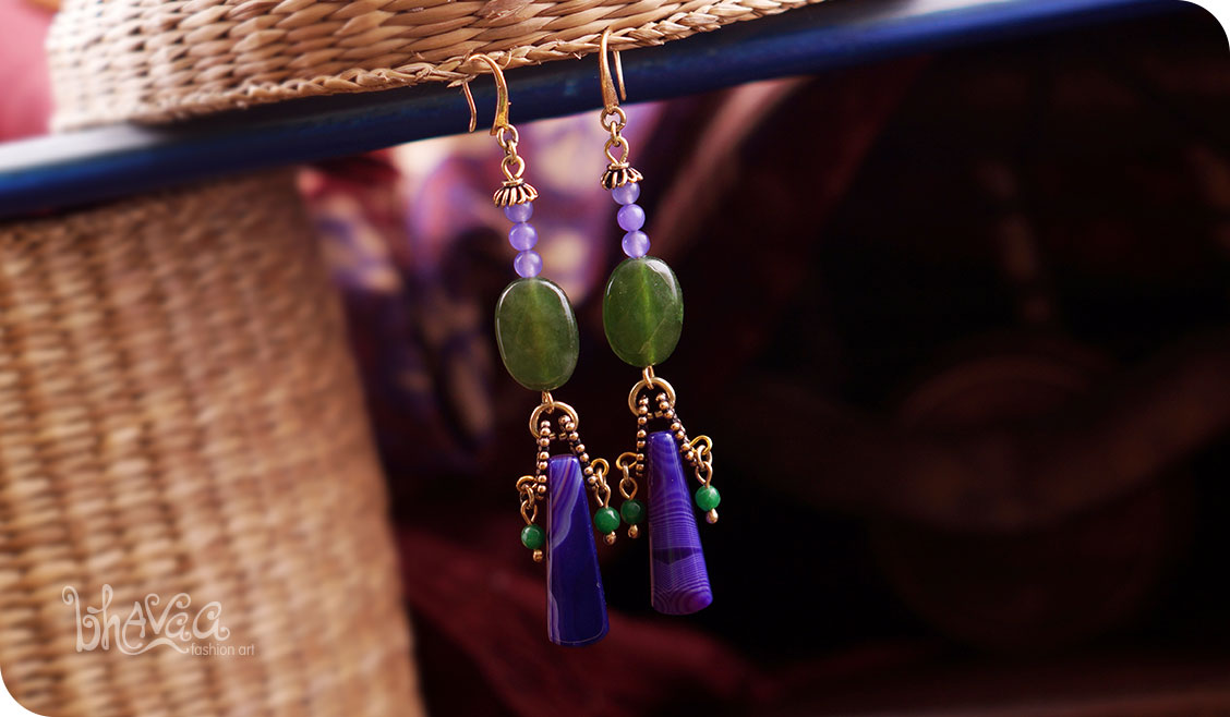 bhavaa Premium Gemstone Jewelry- Earrings. Soothing Vibrancy Collection, Mark-2 | Gemstones: Purple Banded Agate, Lavender Jade, Green Jade Faceted, Green Agate Faceted.