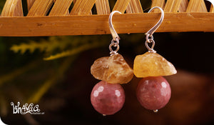 bhavaa Premium Gemstone Jewelry- Earrings. Vivacious Charm Collection, Mark-1 | Gemstones: Rhodonite Faceted, Citrine Quartz