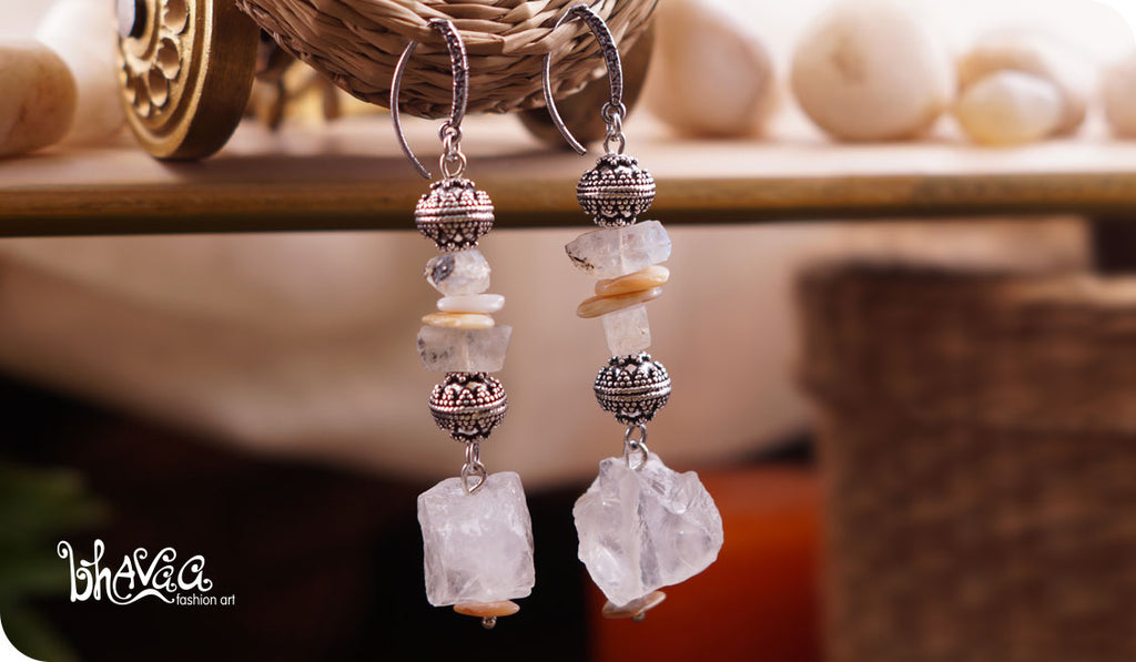 bhavaa Premium Gemstone Jewelry- Earrings. Subtle Lustre Collection, Mark-1 | Gemstones: White Mother of Pearl, Crystal Quartz, Rainbow Moonstone