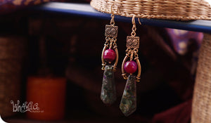 bhavaa Premium Gemstone Jewelry- Earrings. Soothing Vibrancy Collection, Mark-1 | Gemstones: Green Sea Sediment Jasper, Purple Agate.