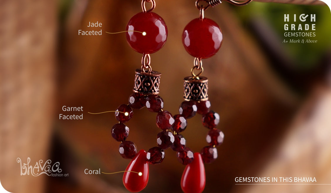 bhavaa Premium Gemstone Jewelry- Earrings. Coy Radiance Collection, Mark-2 | Gemstones: Red Jade Faceted, Red Coral, Garnet Faceted