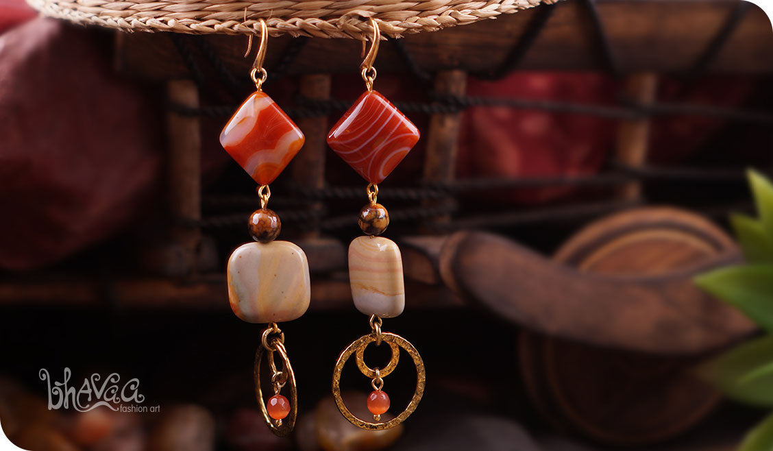 bhavaa Premium Gemstone Jewelry- Earrings. Rustic Elegance Collection, Mark-2 | Gemstones: Orange Agate, Brown Imperial Jasper, Orange South American Topaz Faceted, Brown Agate Faceted