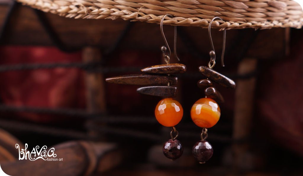 bhavaa Premium Gemstone Jewelry- Earrings. Rustic Elegance Collection, Mark-1 | Gemstones: Orange Agate Faceted, Garnet Faceted, Bronzite