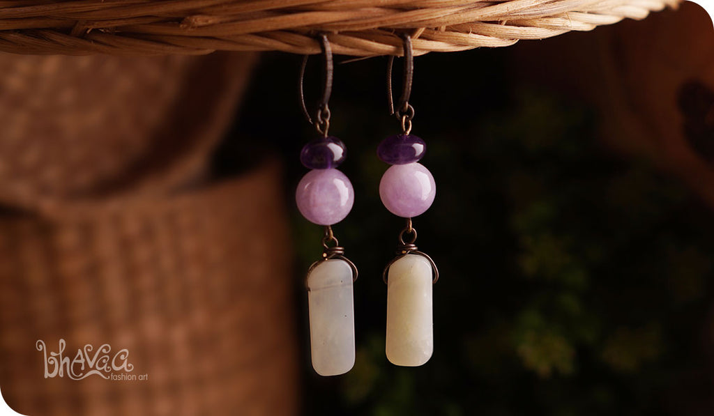 bhavaa Premium Gemstone Jewelry- Earrings. Soothing Vibrancy Collection, Mark-1 | Gemstones: Amethyst, White Jade