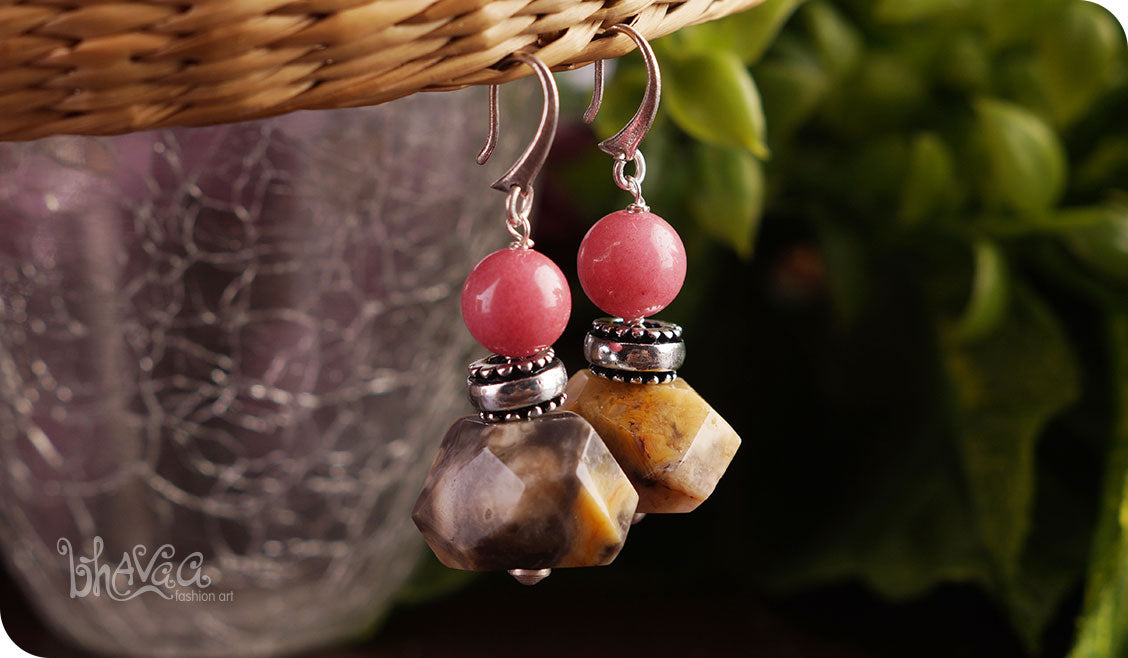 bhavaa Premium Gemstone Jewelry- Earrings. Vivacious Charm Collection, Mark-1 | Gemstones: Pink Jade, Yellow Crazy Lace Agate Faceted