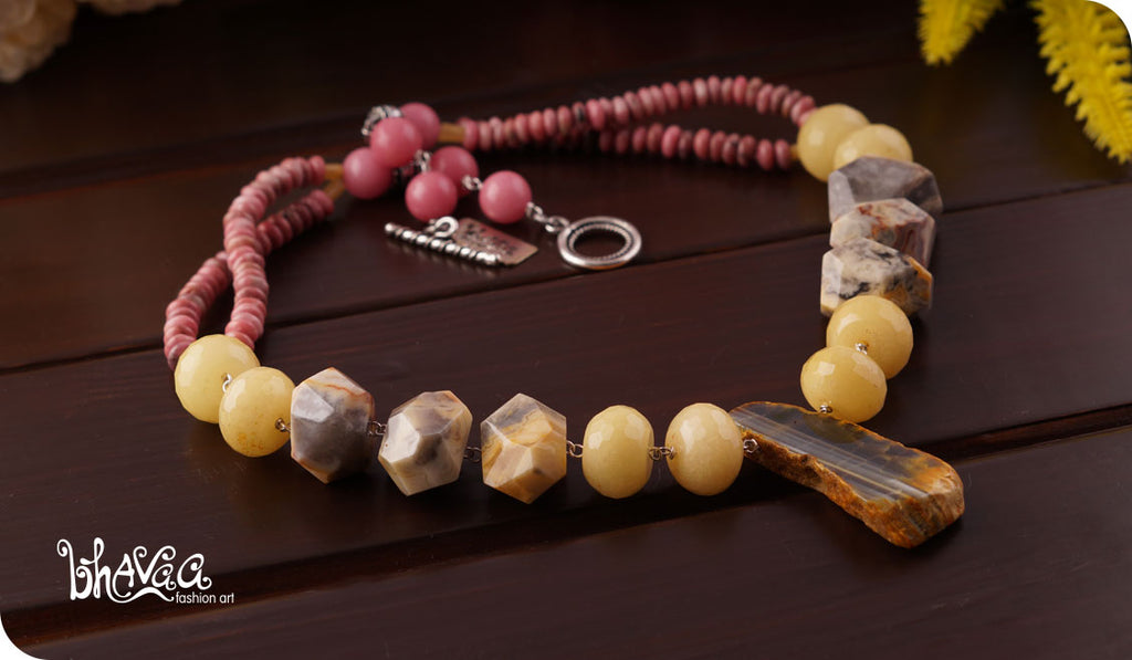 bhavaa Premium Gemstone Jewelry- Necklace. Vivacious Charm Collection, Mark-1 | Gemstones: Yellow Dragon Veins Agate, Yellow Jade Faceted, Yellow Crazy Lace Agate Faceted, Yellow Jade, Pink Rhodonite, Jade 