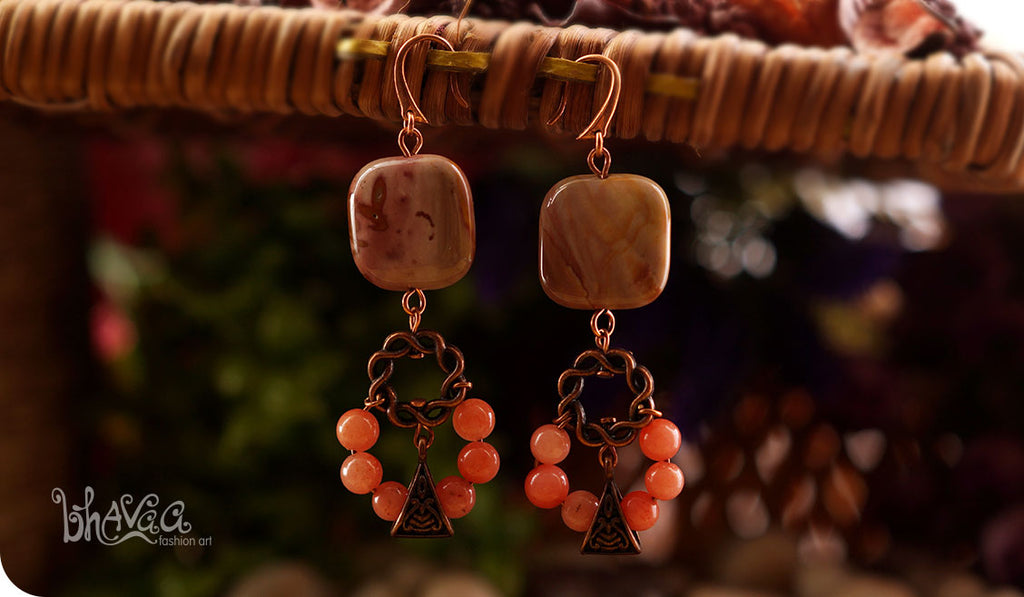 bhavaa Premium Gemstone Jewelry- Earrings. Rustic Elegance Collection, Mark-2 | Gemstones: Brown Imperial Jasper, Orange Jasper