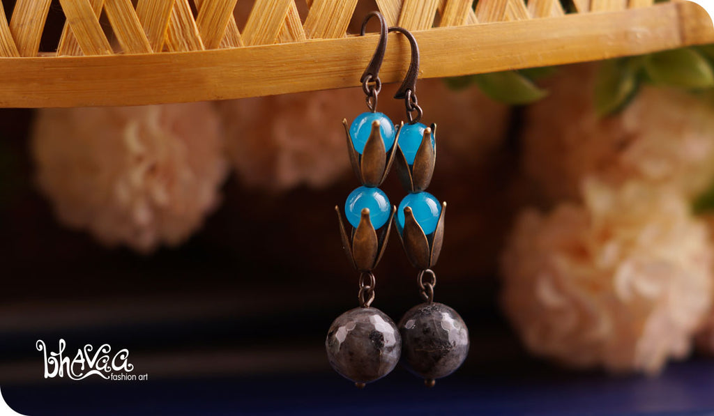 bhavaa Premium Gemstone Jewelry- Earrings. Serene Indulgence Collection, Mark-2 | Gemstones: Larvikite, Blue Agate