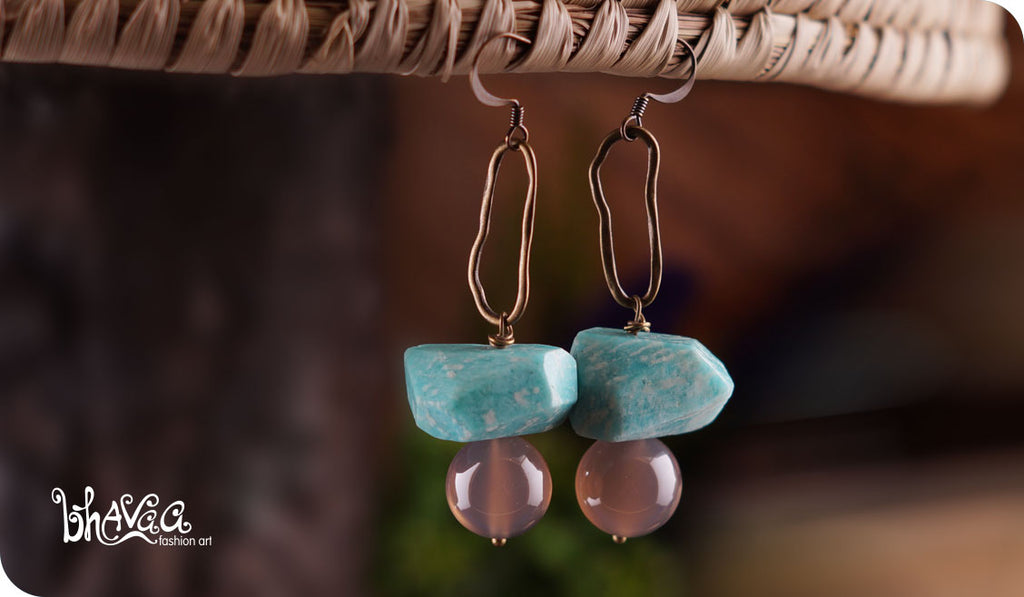 bhavaa Premium Gemstone Jewelry- Earrings. Serene Indulgence Collection, Mark-1 | Gemstones: Blue Amazonite Faceted, Grey Agate