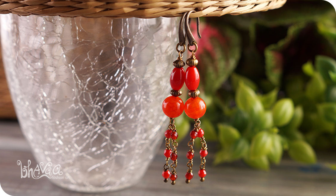 bhavaa Premium Gemstone Jewelry- Earrings. Coy Radiance Collection, Mark-1 | Gemstones: Red Fire Crackle Agate, Red Agate, Red Coral Faceted, Red Coral