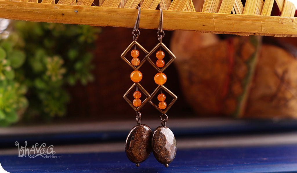 bhavaa Premium Gemstone Jewelry- Earrings. Rustic Elegance Collection, Mark-2 | Gemstones: Brown Bronzite Faceted, Orange South American Topaz, Orange Jade