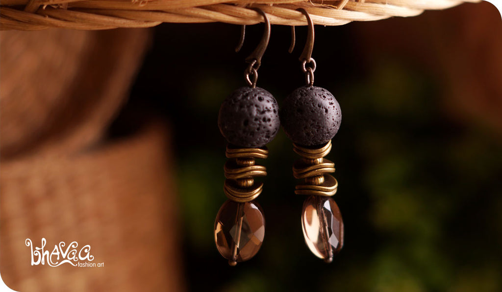 bhavaa Premium Gemstone Jewelry- Earrings. Innate Poise Collection, Mark-1 | Gemstones: Lava, Smoky Quartz Faceted