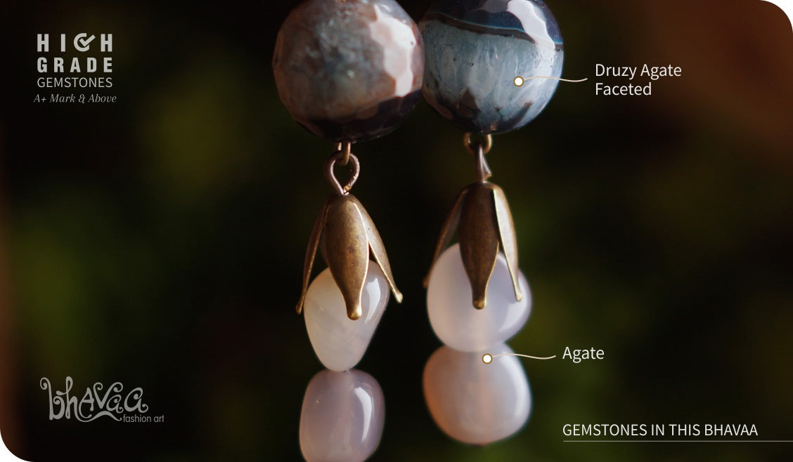 bhavaa Premium Gemstone Jewelry- Earrings. Innate Poise Collection, Mark-2 | Gemstones: Grey Druzy Agate Faceted, Grey Agate