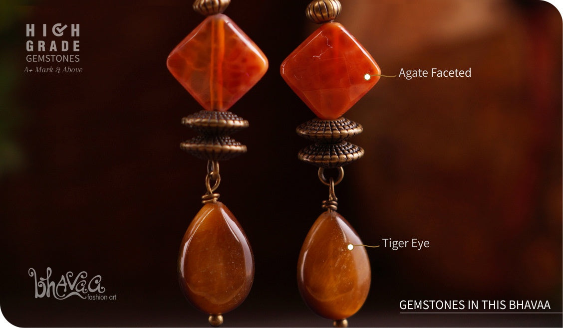 bhavaa Premium Gemstone Jewelry- Earrings. Rustic Elegance Collection, Mark-2 | Gemstones: Tiger Eye, Orange Agate Faceted