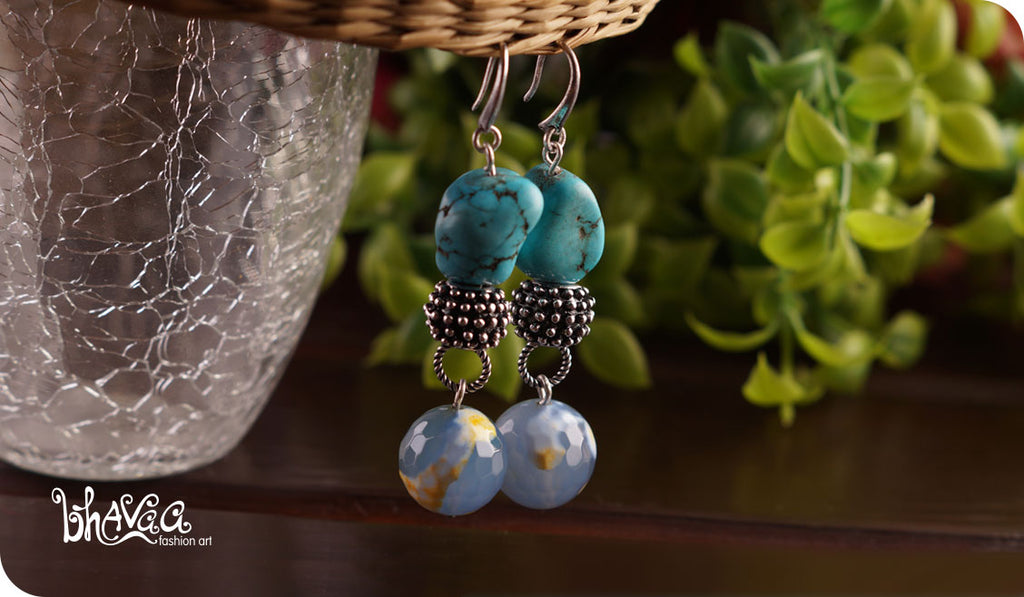 bhavaa Premium Gemstone Jewelry- Earrings. Serene Indulgence Collection, Mark-2 | Gemstones: Blue Turquoise, Grey Crab Agate Faceted 