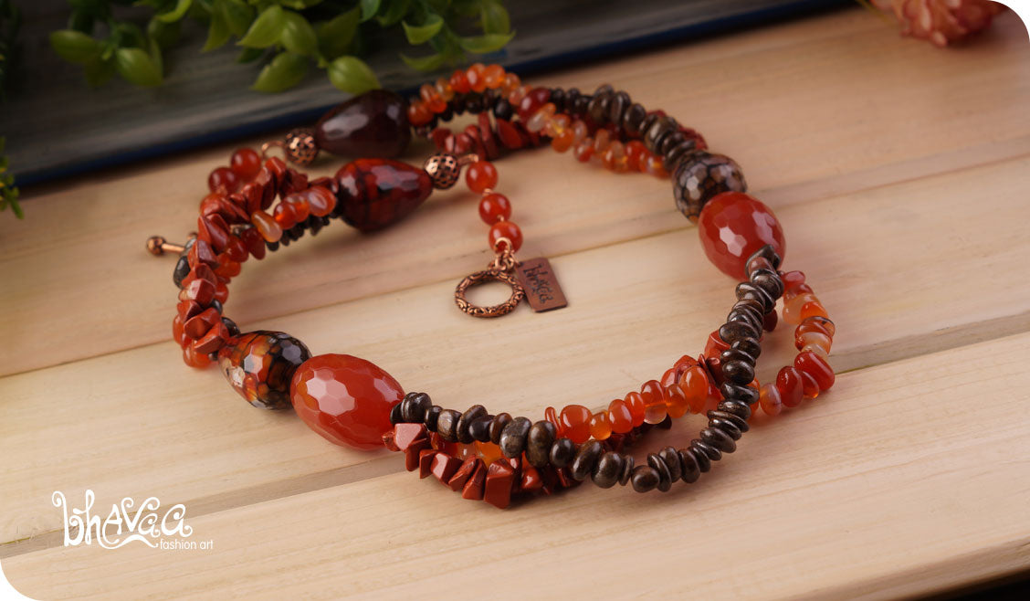 bhavaa Premium Gemstone Jewelry- Necklace. Rustic Elegance Collection, Mark-1 | Gemstones: Brown Jasper, Bronzite, Brown Agate, Crab Dragon Veins Agate Faceted, Carnelian, Agate